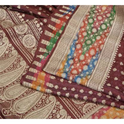 Sanskriti Vintage Dark Red Sarees Pure Satin Silk Brocade/Banarasi Sari Fabric