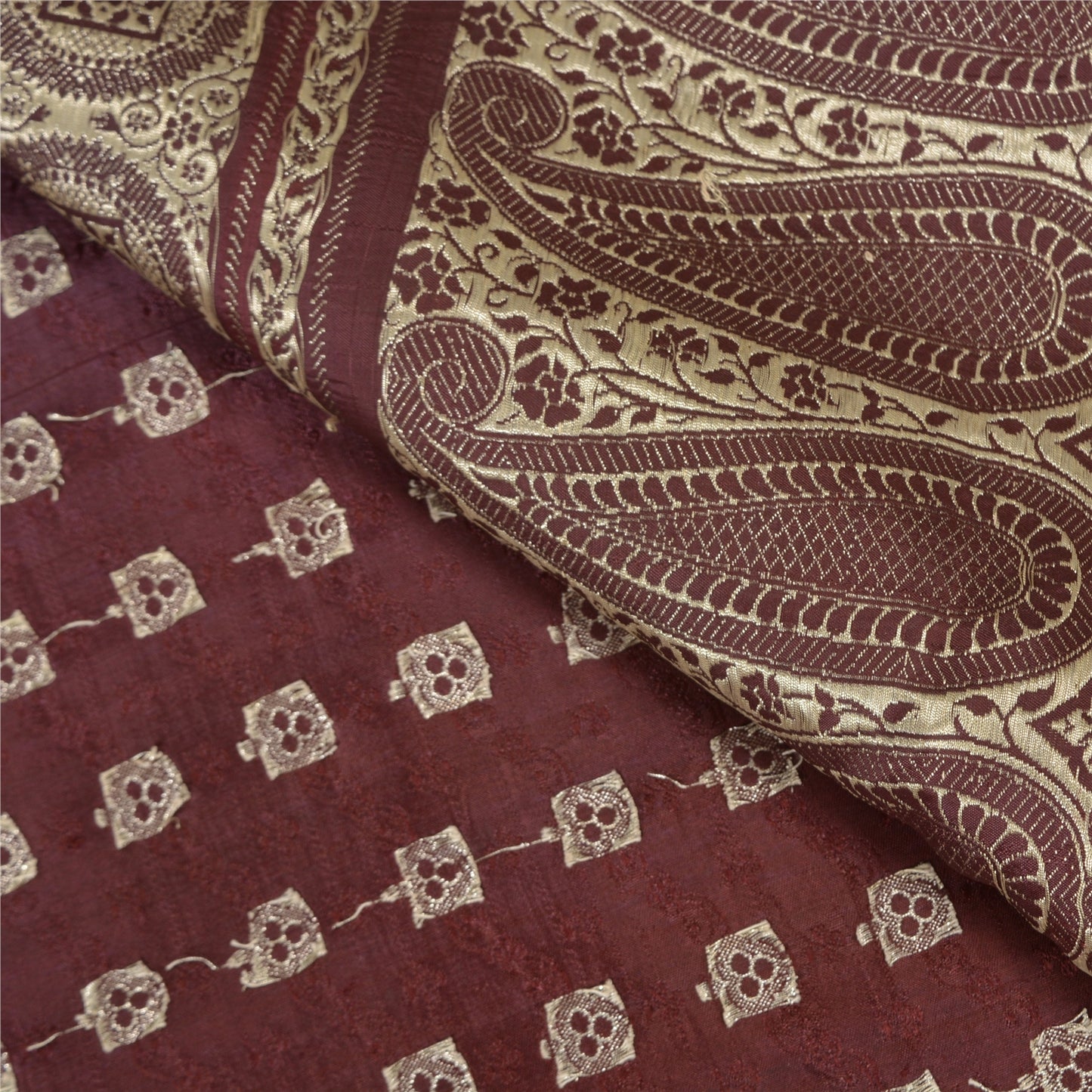 Sanskriti Vintage Dark Red Sarees Pure Satin Silk Brocade/Banarasi Sari Fabric