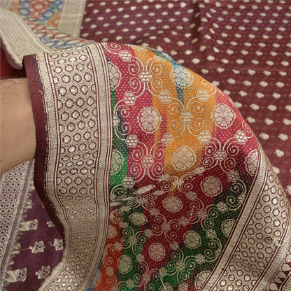 Sanskriti Vintage Dark Red Sarees Pure Satin Silk Brocade/Banarasi Sari Fabric