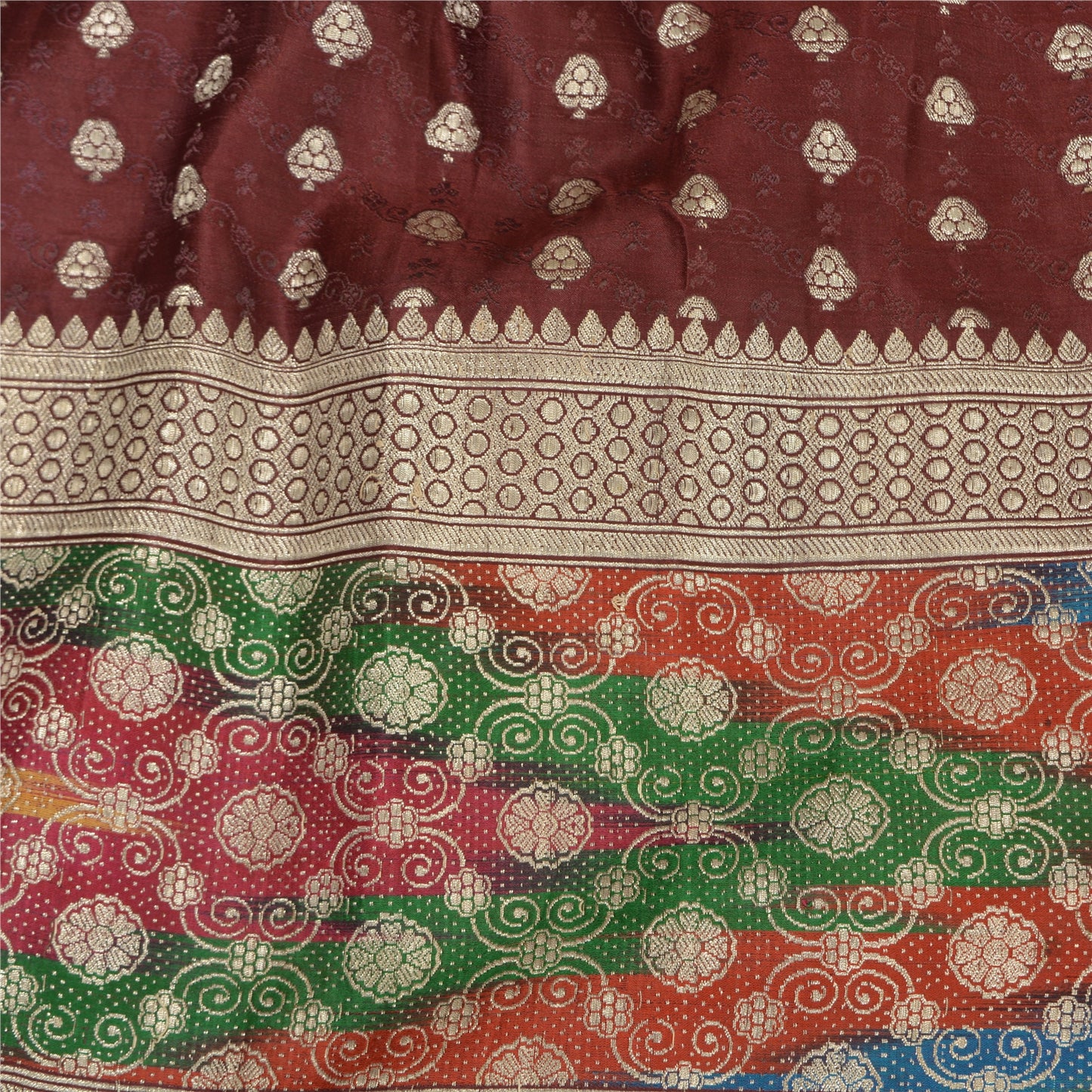 Sanskriti Vintage Dark Red Sarees Pure Satin Silk Brocade/Banarasi Sari Fabric