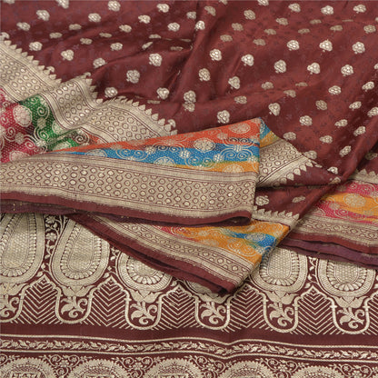 Sanskriti Vintage Dark Red Sarees Pure Satin Silk Brocade/Banarasi Sari Fabric