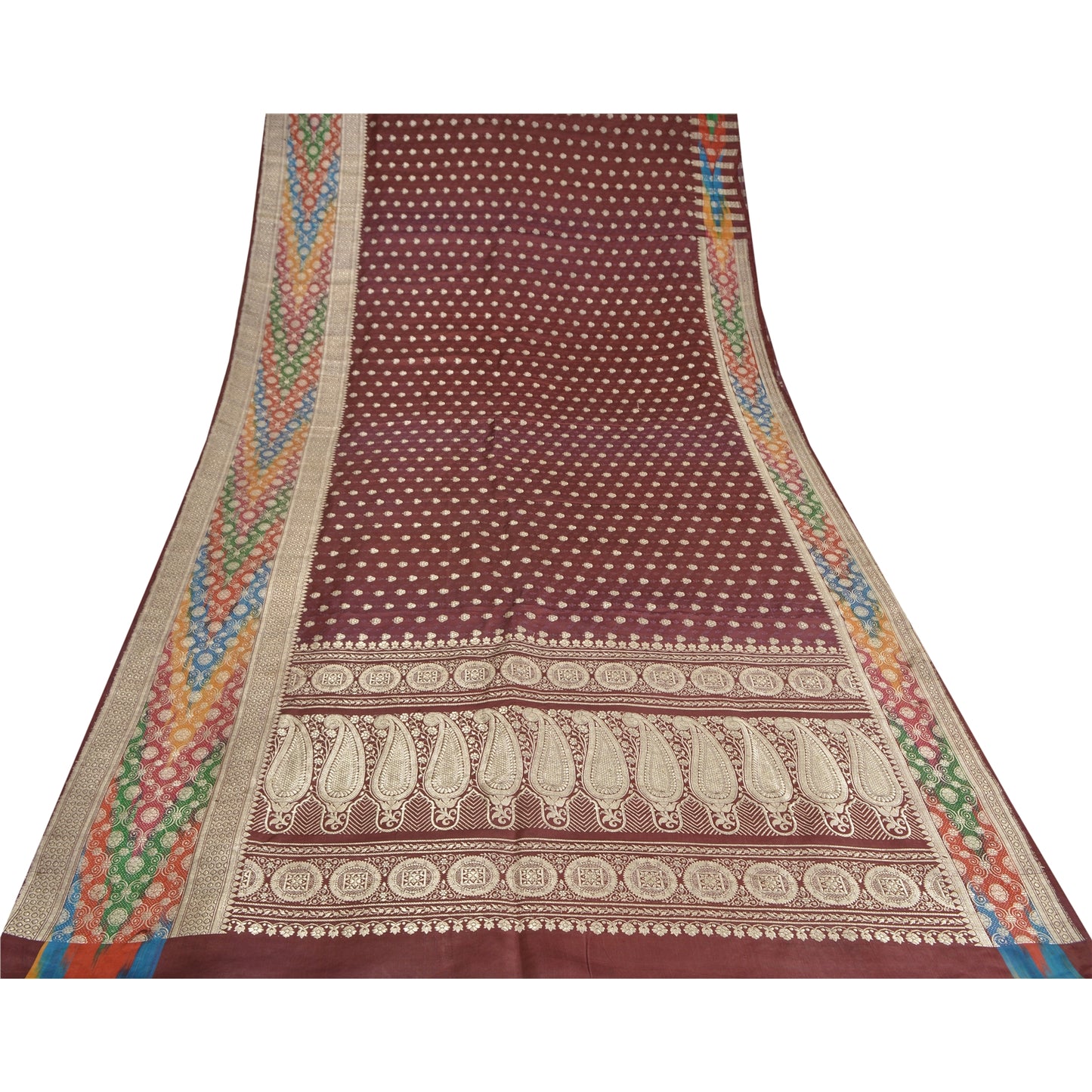 Sanskriti Vintage Dark Red Sarees Pure Satin Silk Brocade/Banarasi Sari Fabric