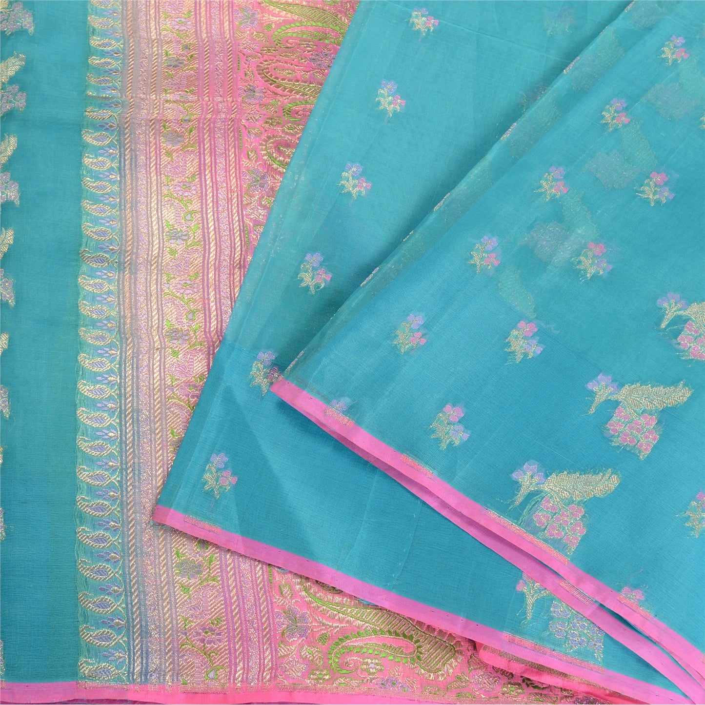 Sanskriti Vintage Blue Sarees Pure Silk Zari Woven Brocade/Banarasi Sari Fabric