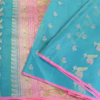 Sanskriti Vintage Blue Sarees Pure Silk Zari Woven Brocade/Banarasi Sari Fabric