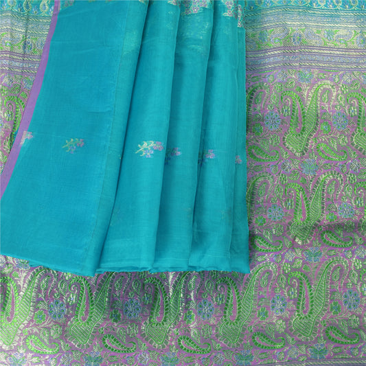 Sanskriti Vintage Blue Sarees Pure Silk Zari Woven Brocade/Banarasi Sari Fabric