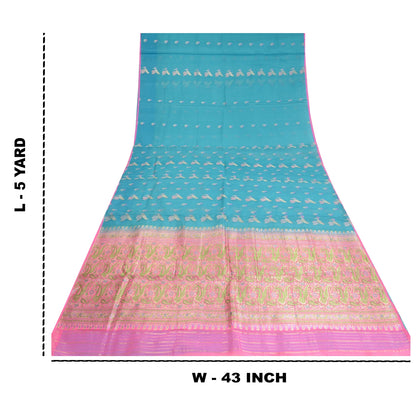 Sanskriti Vintage Blue Sarees Pure Silk Zari Woven Brocade/Banarasi Sari Fabric