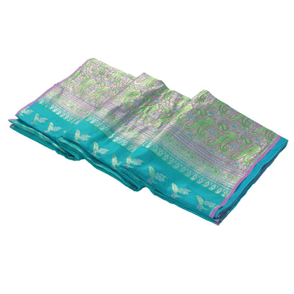 Sanskriti Vintage Blue Sarees Pure Silk Zari Woven Brocade/Banarasi Sari Fabric