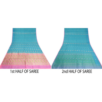 Sanskriti Vintage Blue Sarees Pure Silk Zari Woven Brocade/Banarasi Sari Fabric