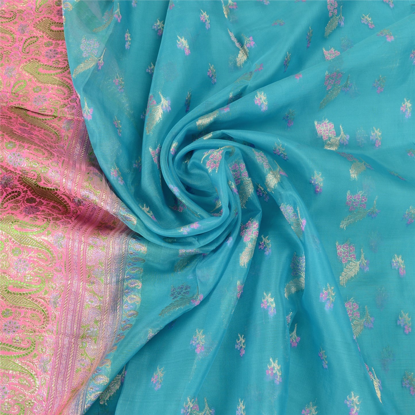 Sanskriti Vintage Blue Sarees Pure Silk Zari Woven Brocade/Banarasi Sari Fabric