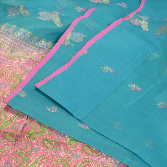 Sanskriti Vintage Blue Sarees Pure Silk Zari Woven Brocade/Banarasi Sari Fabric