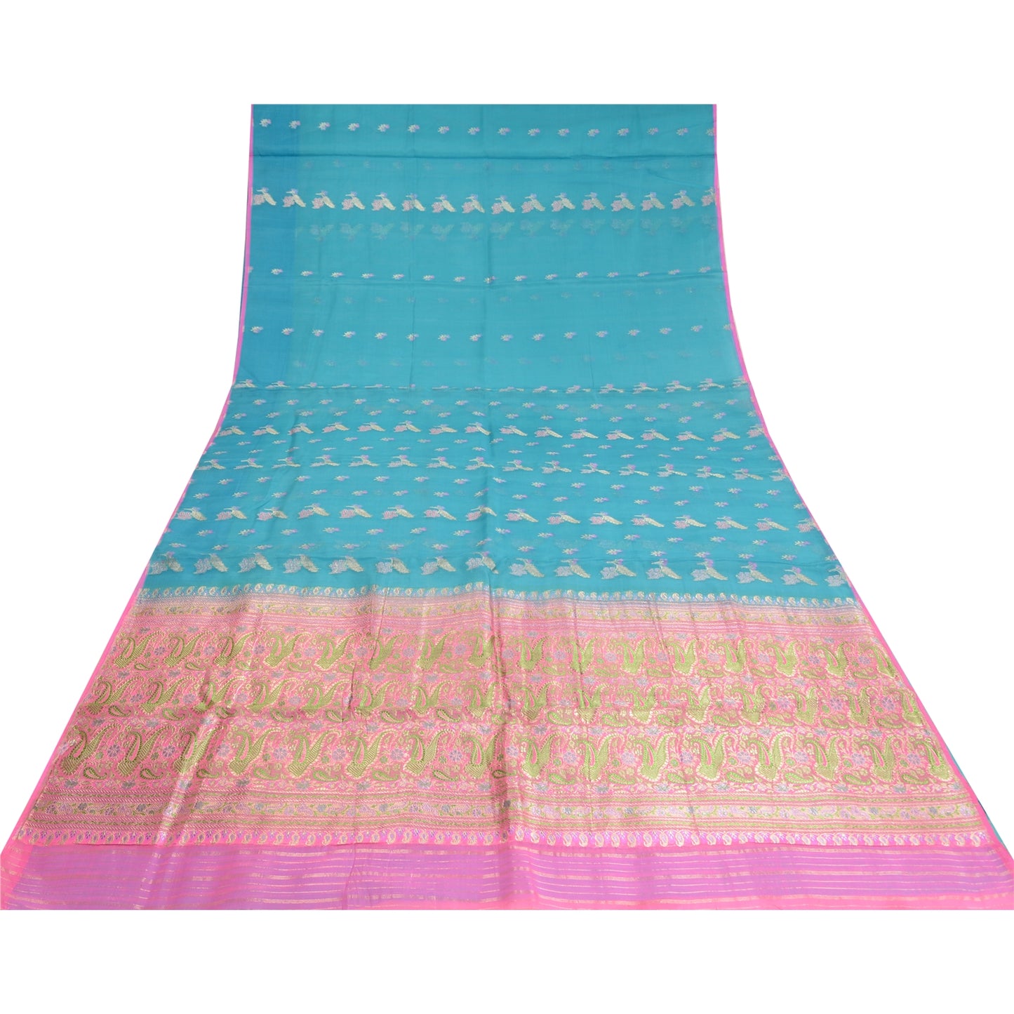 Sanskriti Vintage Blue Sarees Pure Silk Zari Woven Brocade/Banarasi Sari Fabric
