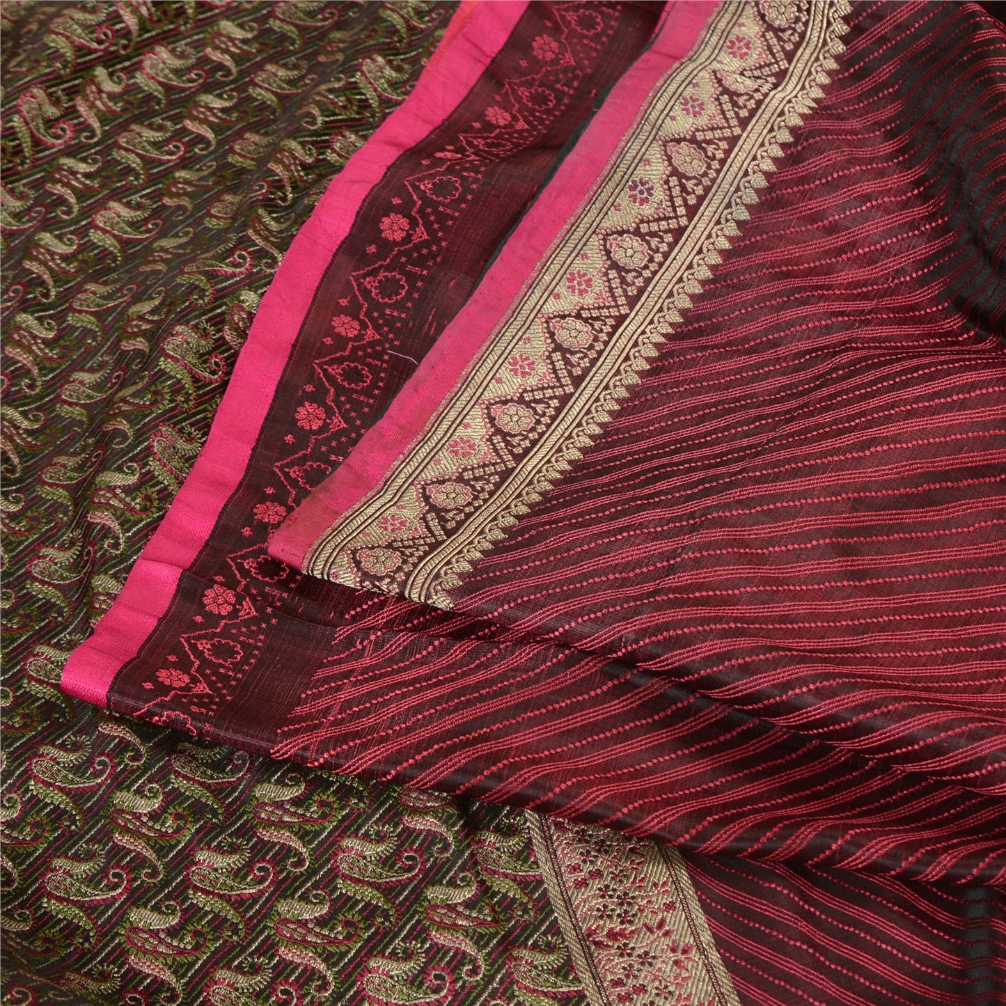 Sanskriti Vintage Sarees Red Pure Satin Silk Woven Brocade/Banarasi Sari Fabric