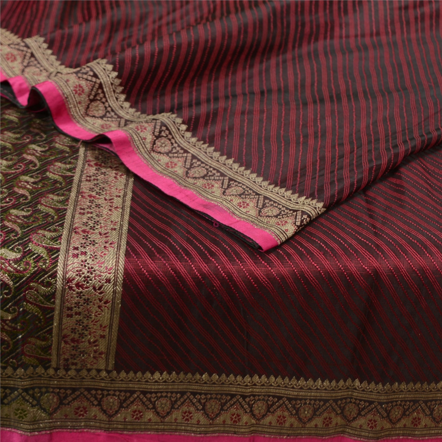 Sanskriti Vintage Sarees Red Pure Satin Silk Woven Brocade/Banarasi Sari Fabric