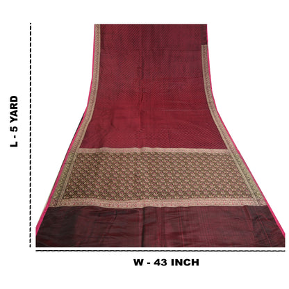 Sanskriti Vintage Sarees Red Pure Satin Silk Woven Brocade/Banarasi Sari Fabric