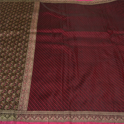 Sanskriti Vintage Sarees Red Pure Satin Silk Woven Brocade/Banarasi Sari Fabric