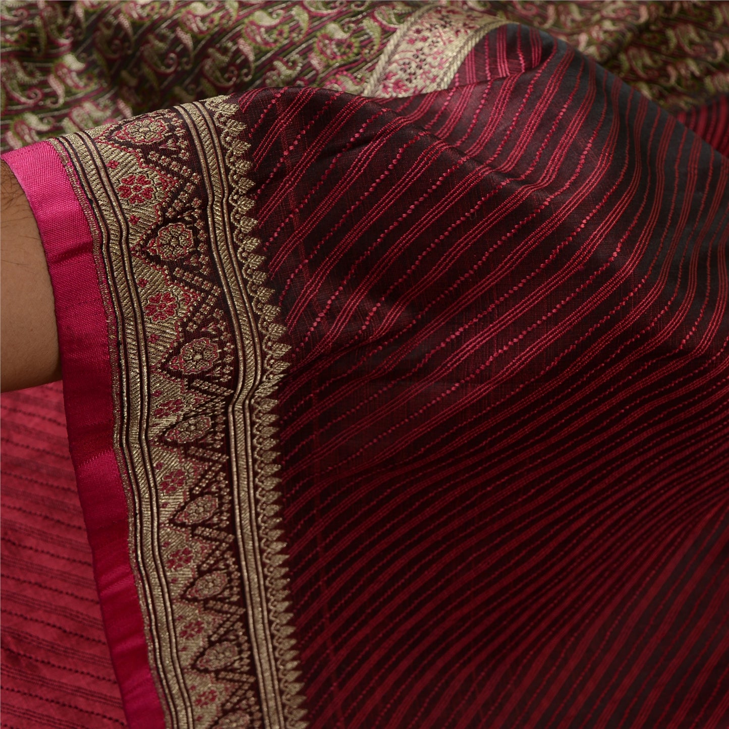 Sanskriti Vintage Sarees Red Pure Satin Silk Woven Brocade/Banarasi Sari Fabric