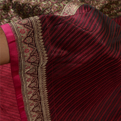 Sanskriti Vintage Sarees Red Pure Satin Silk Woven Brocade/Banarasi Sari Fabric