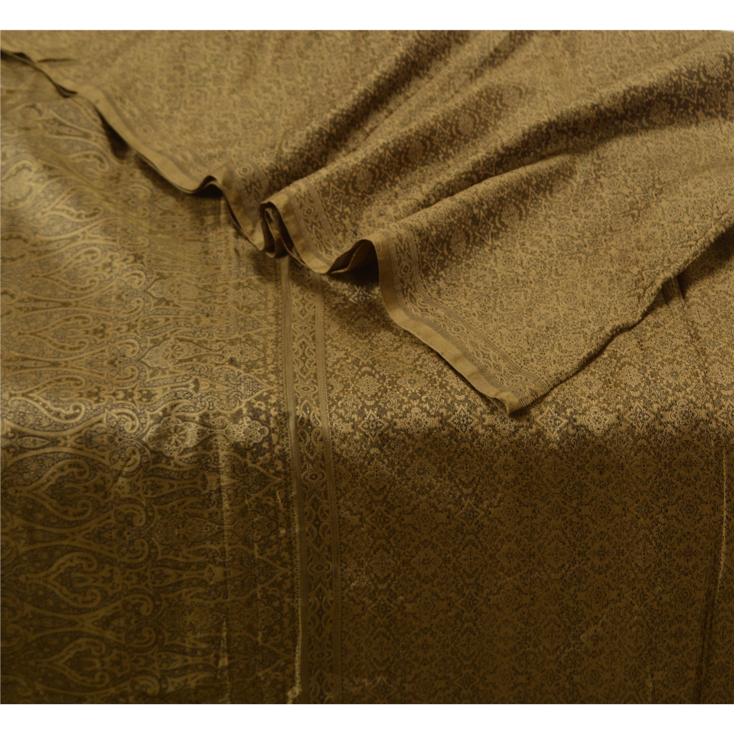 Sanskriti Vintage Brown Indian Sarees Pure Satin Silk Woven Tanchoi Sari Sustainable Fabric