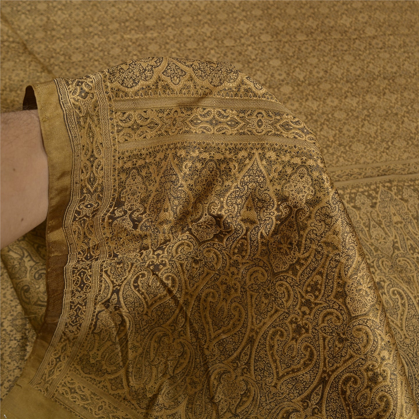 Sanskriti Vintage Brown Indian Sarees Pure Satin Silk Woven Tanchoi Sari Sustainable Fabric