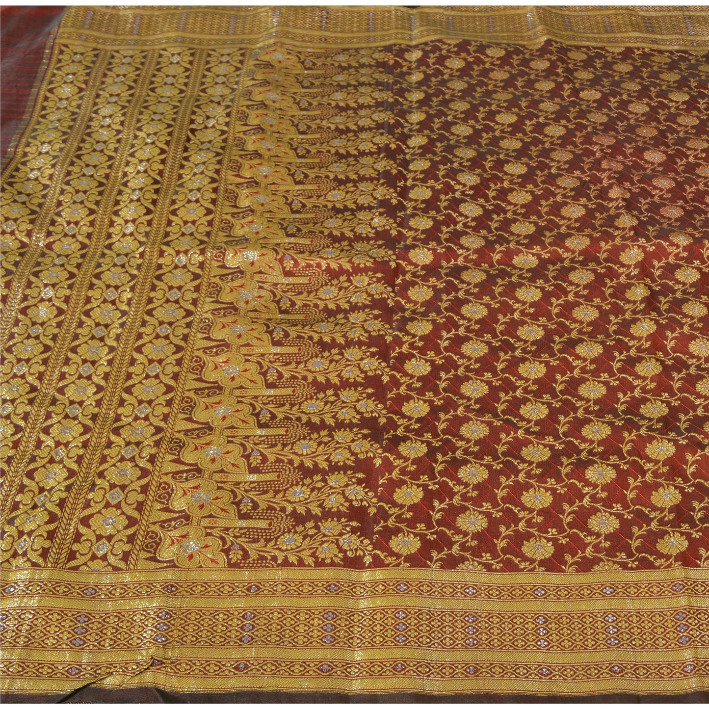 Sanskriti Vintage Red Sarees Blend Silk Unique Hand Woven Brocade Sari Fabric
