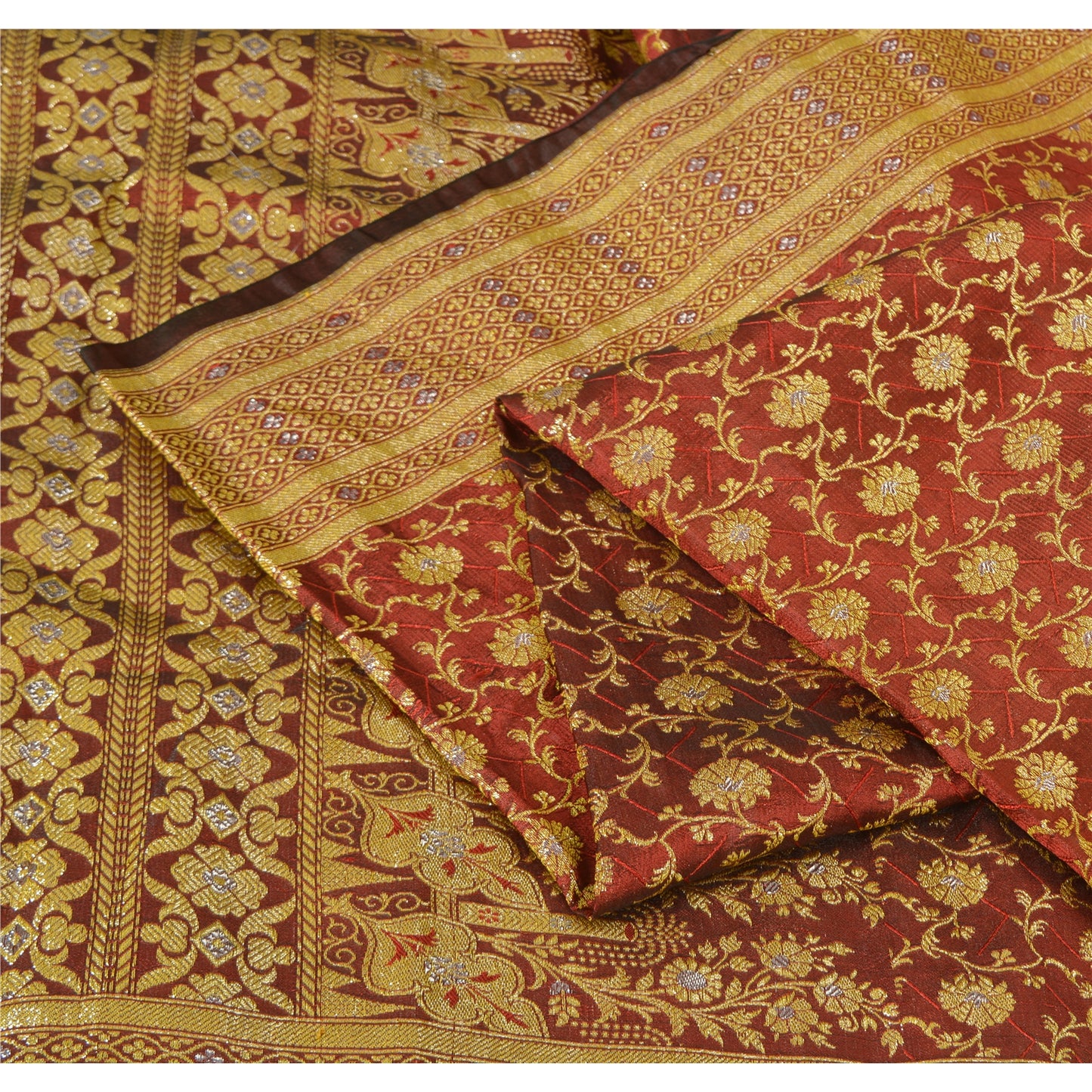 Sanskriti Vintage Red Sarees Blend Silk Unique Hand Woven Brocade Sari Fabric