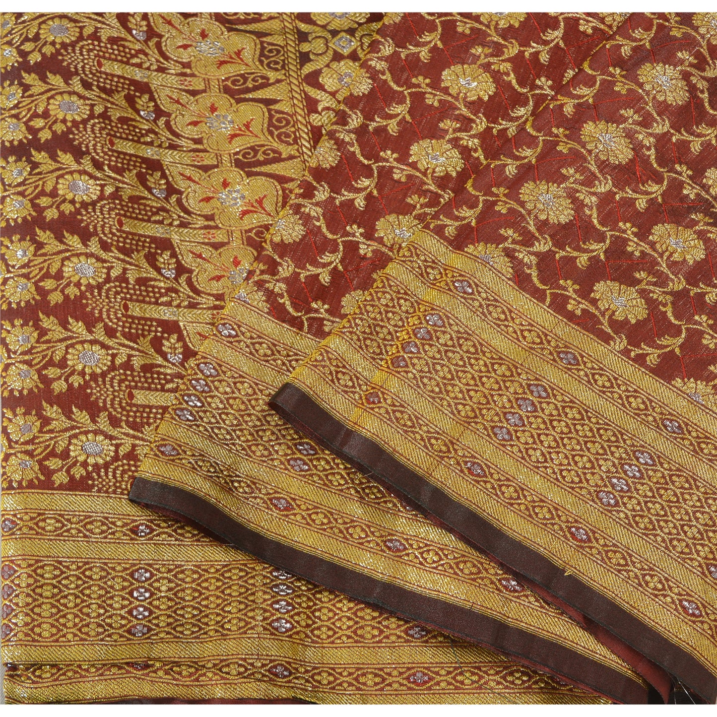 Sanskriti Vintage Red Sarees Blend Silk Unique Hand Woven Brocade Sari Fabric