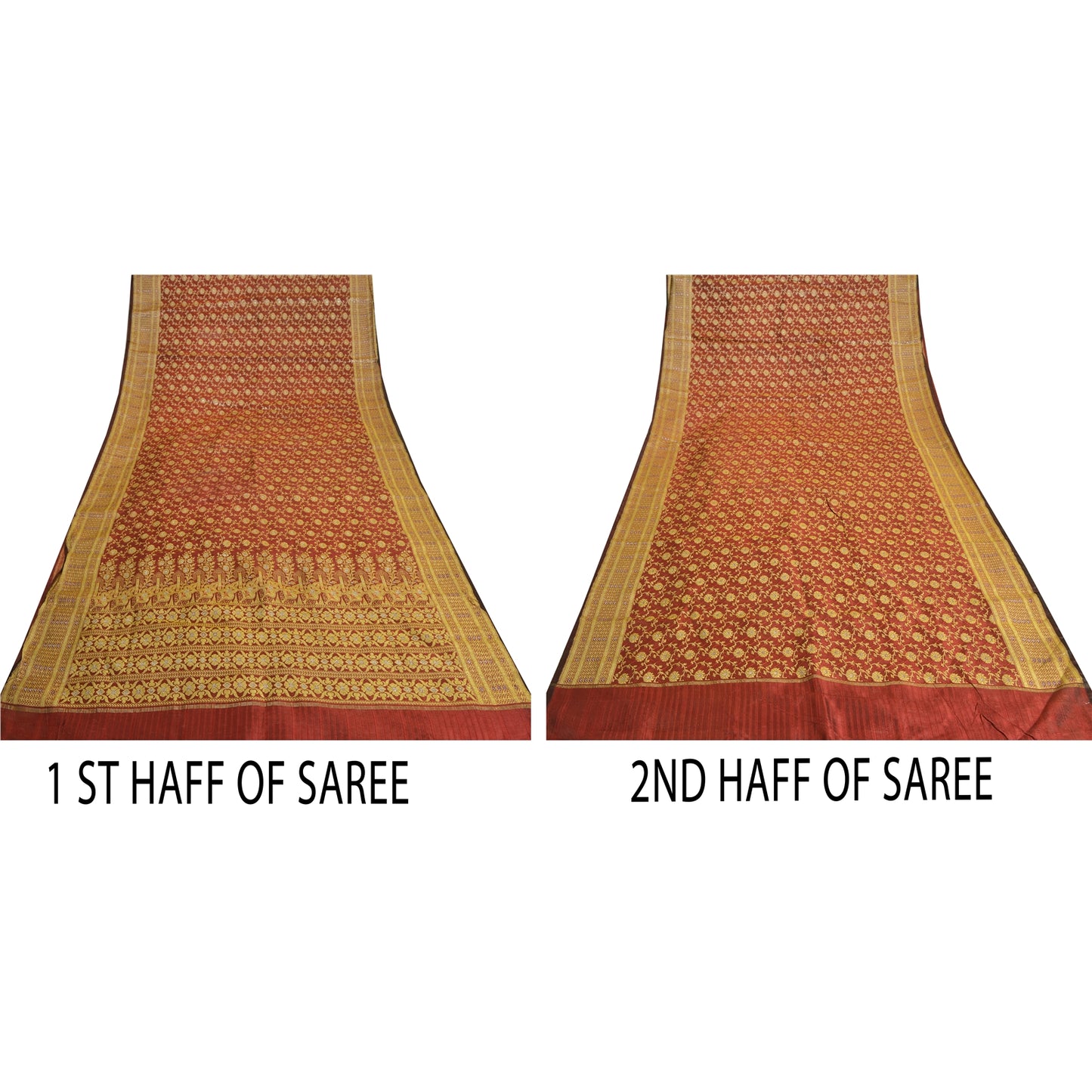 Sanskriti Vintage Red Sarees Blend Silk Unique Hand Woven Brocade Sari Fabric