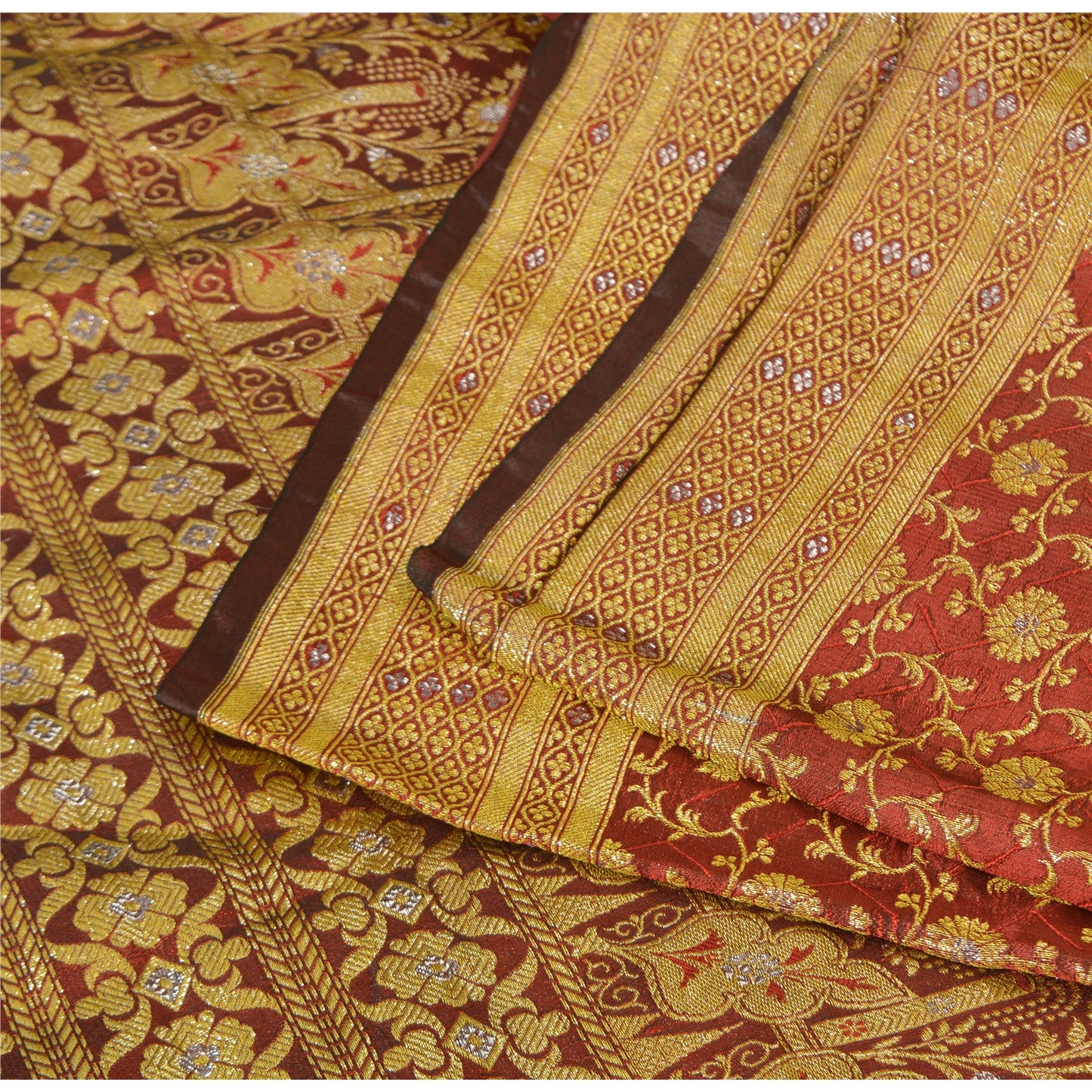 Sanskriti Vintage Red Sarees Blend Silk Unique Hand Woven Brocade Sari Fabric