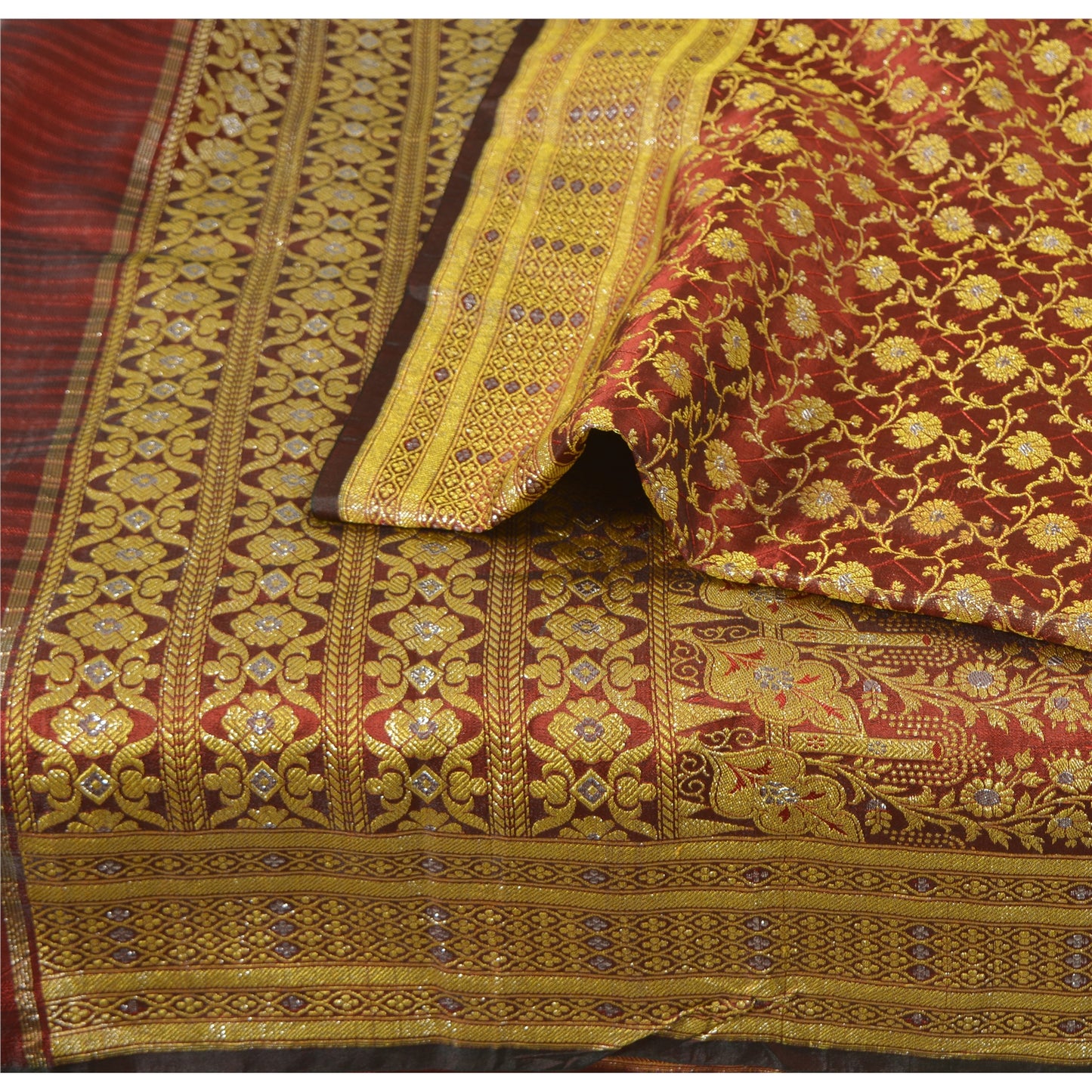 Sanskriti Vintage Red Sarees Blend Silk Unique Hand Woven Brocade Sari Fabric