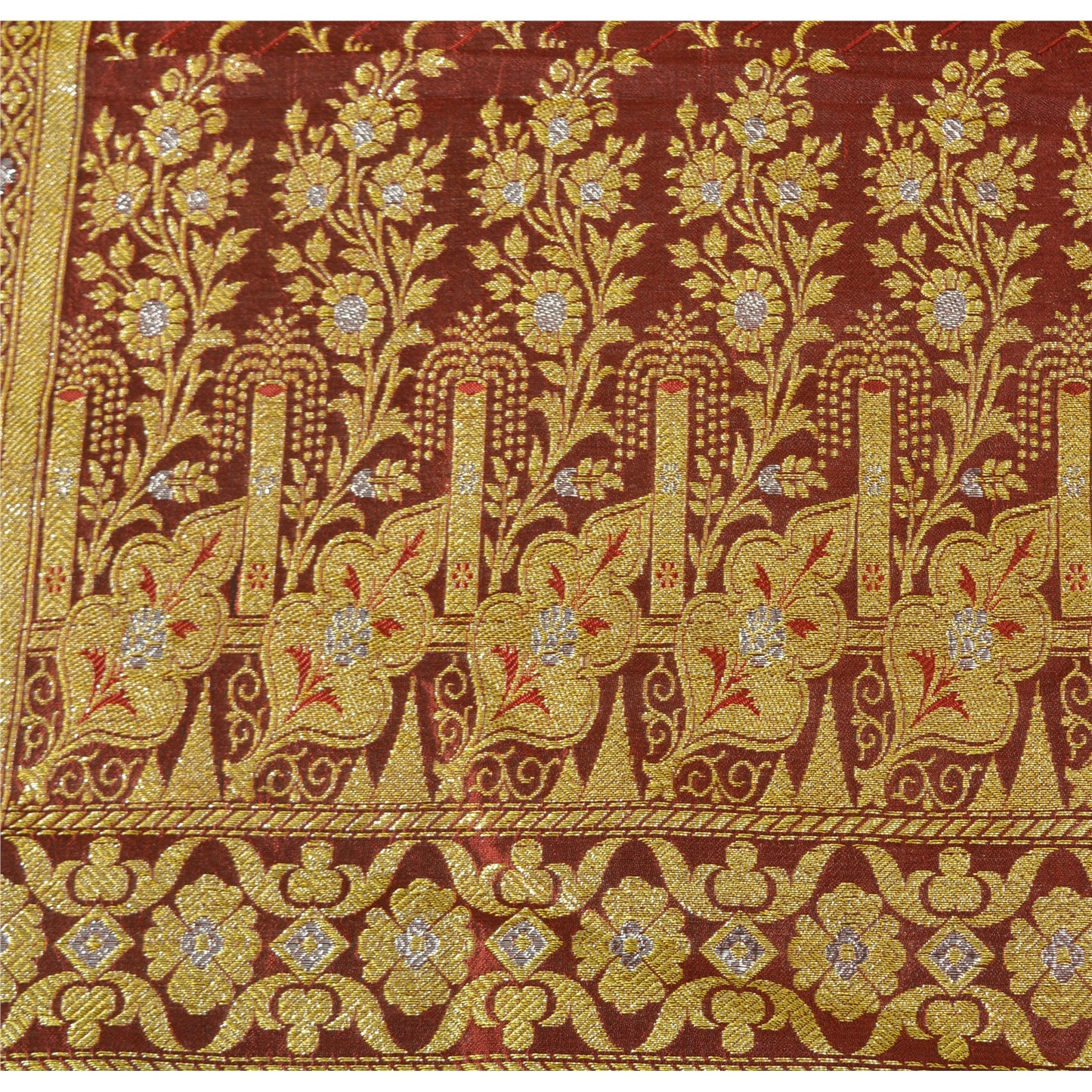 Sanskriti Vintage Red Sarees Blend Silk Unique Hand Woven Brocade Sari Fabric