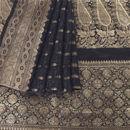 Sanskriti Vintage Black Sarees Pure Satin Woven Brocade/Banarasi Sari Fabric