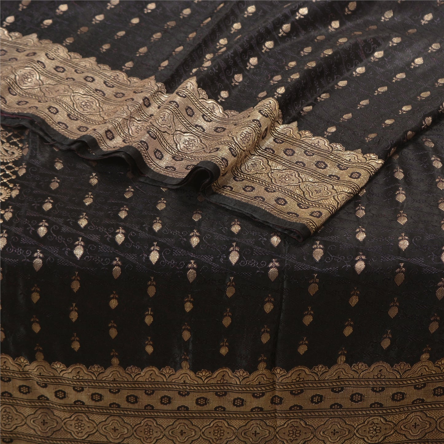 Sanskriti Vintage Black Sarees Pure Satin Woven Brocade/Banarasi Sari Fabric