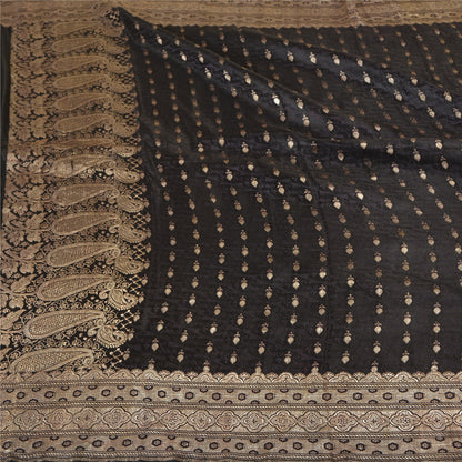 Sanskriti Vintage Black Sarees Pure Satin Woven Brocade/Banarasi Sari Fabric