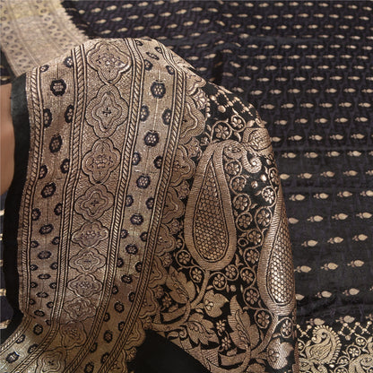 Sanskriti Vintage Black Sarees Pure Satin Woven Brocade/Banarasi Sari Fabric