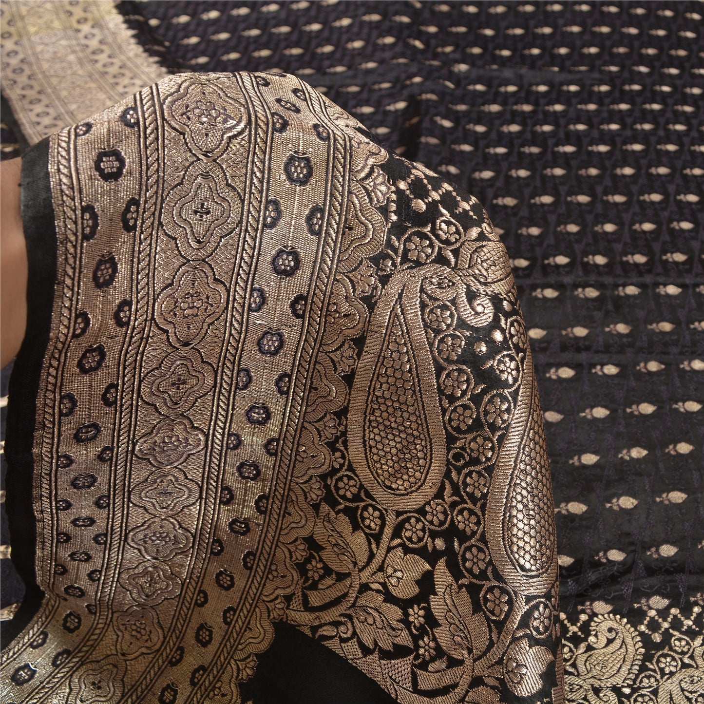 Sanskriti Vintage Black Sarees Pure Satin Woven Brocade/Banarasi Sari Fabric