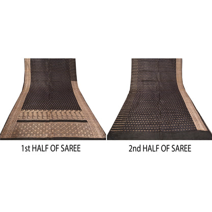 Sanskriti Vintage Black Sarees Pure Satin Woven Brocade/Banarasi Sari Fabric