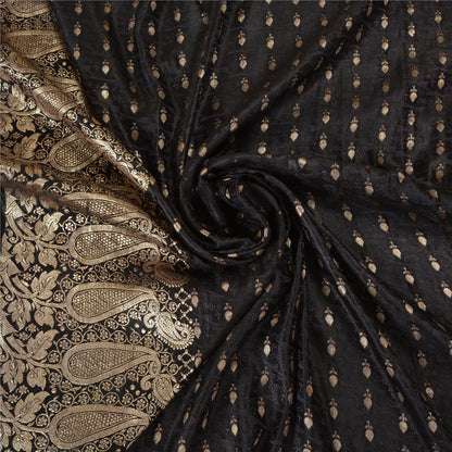 Sanskriti Vintage Black Sarees Pure Satin Woven Brocade/Banarasi Sari Fabric