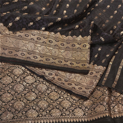 Sanskriti Vintage Black Sarees Pure Satin Woven Brocade/Banarasi Sari Fabric