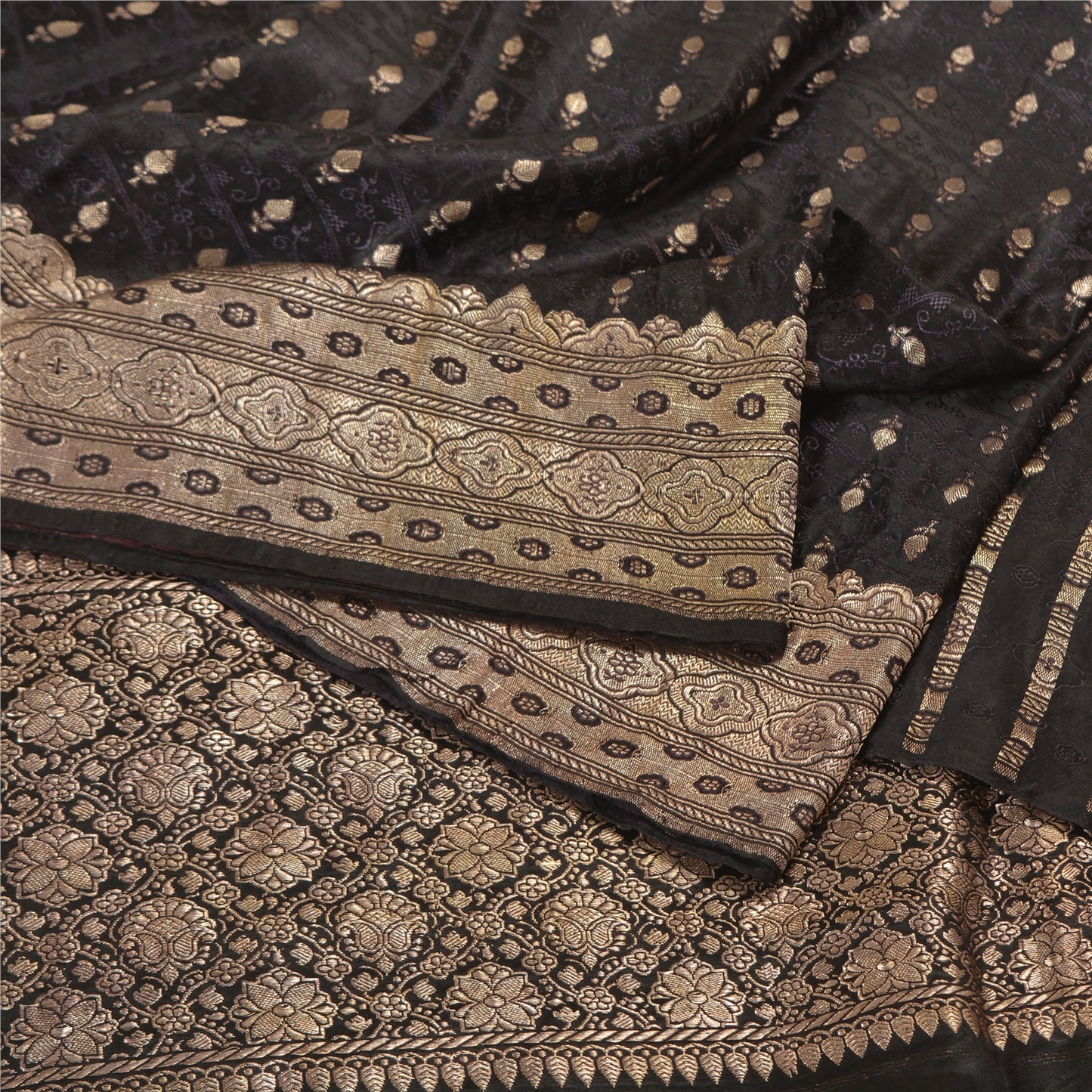 Sanskriti Vintage Black Sarees Pure Satin Woven Brocade/Banarasi Sari Fabric