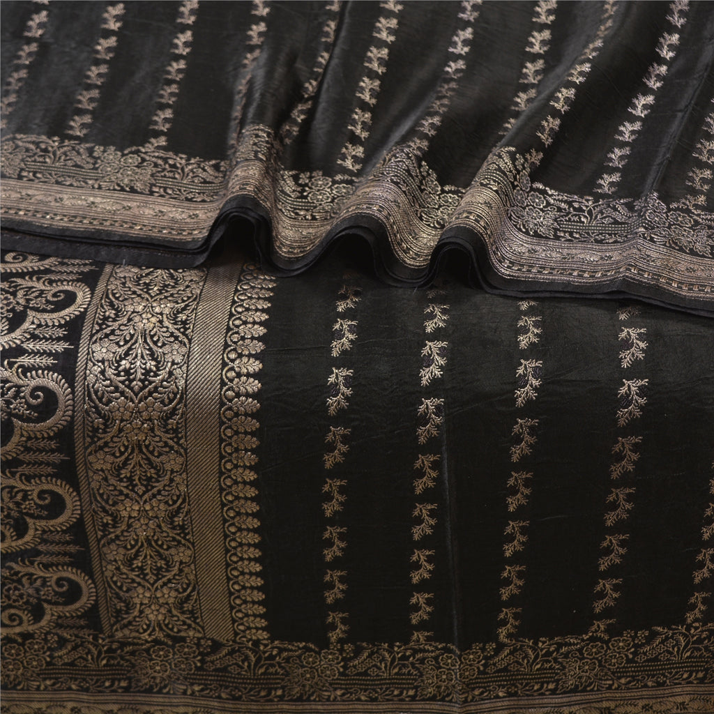 Sanskriti Vintage Black Sarees Pure Satin Woven Brocade/Banarasi Sari Fabric