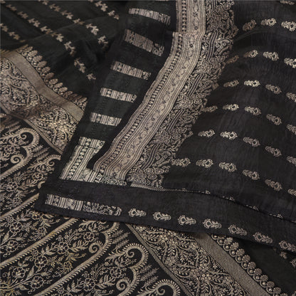 Sanskriti Vintage Black Sarees Pure Satin Woven Brocade/Banarasi Sari Fabric