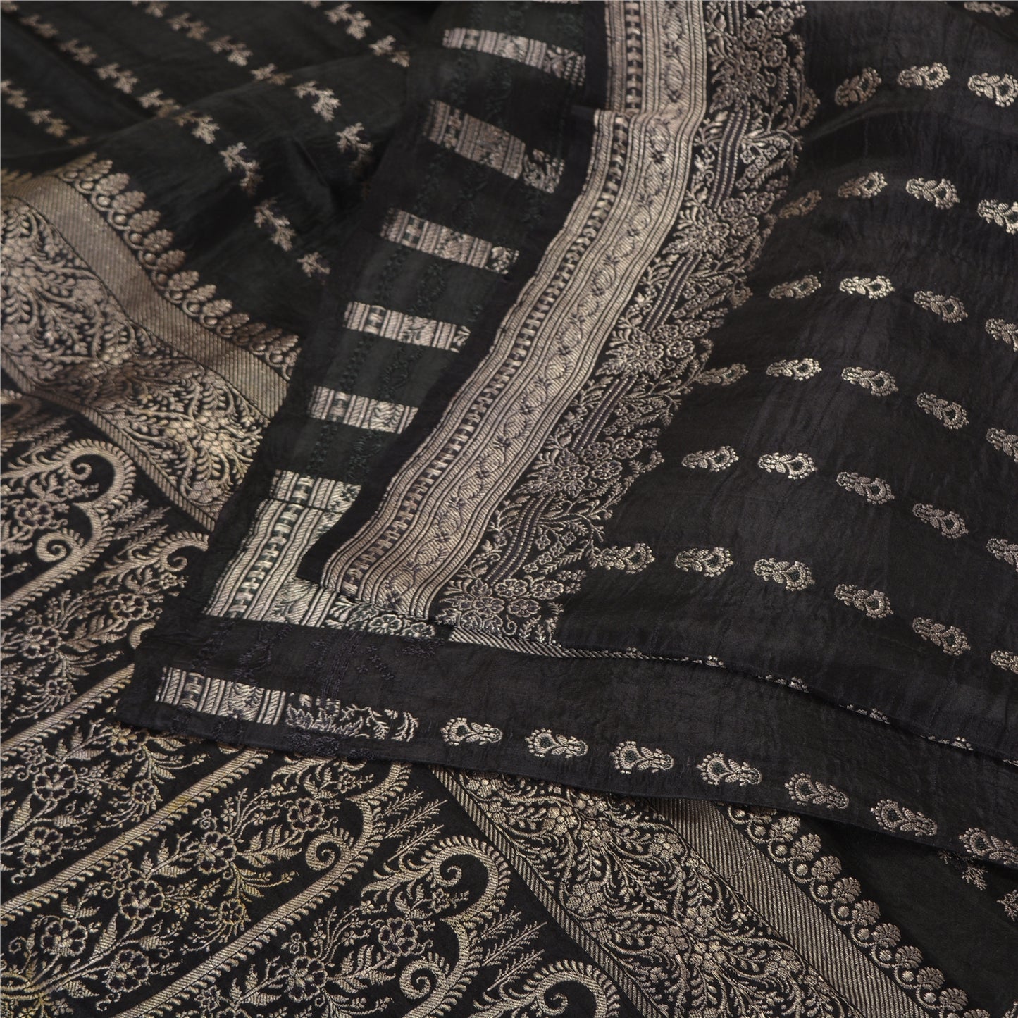 Sanskriti Vintage Black Sarees Pure Satin Woven Brocade/Banarasi Sari Fabric