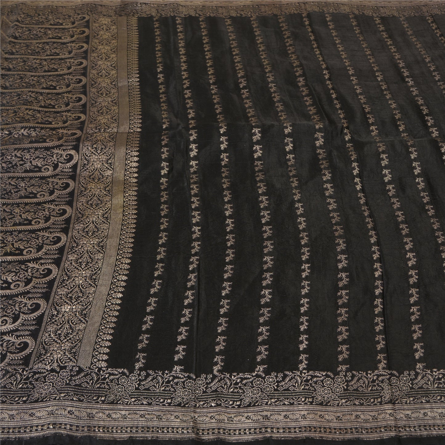 Sanskriti Vintage Black Sarees Pure Satin Woven Brocade/Banarasi Sari Fabric