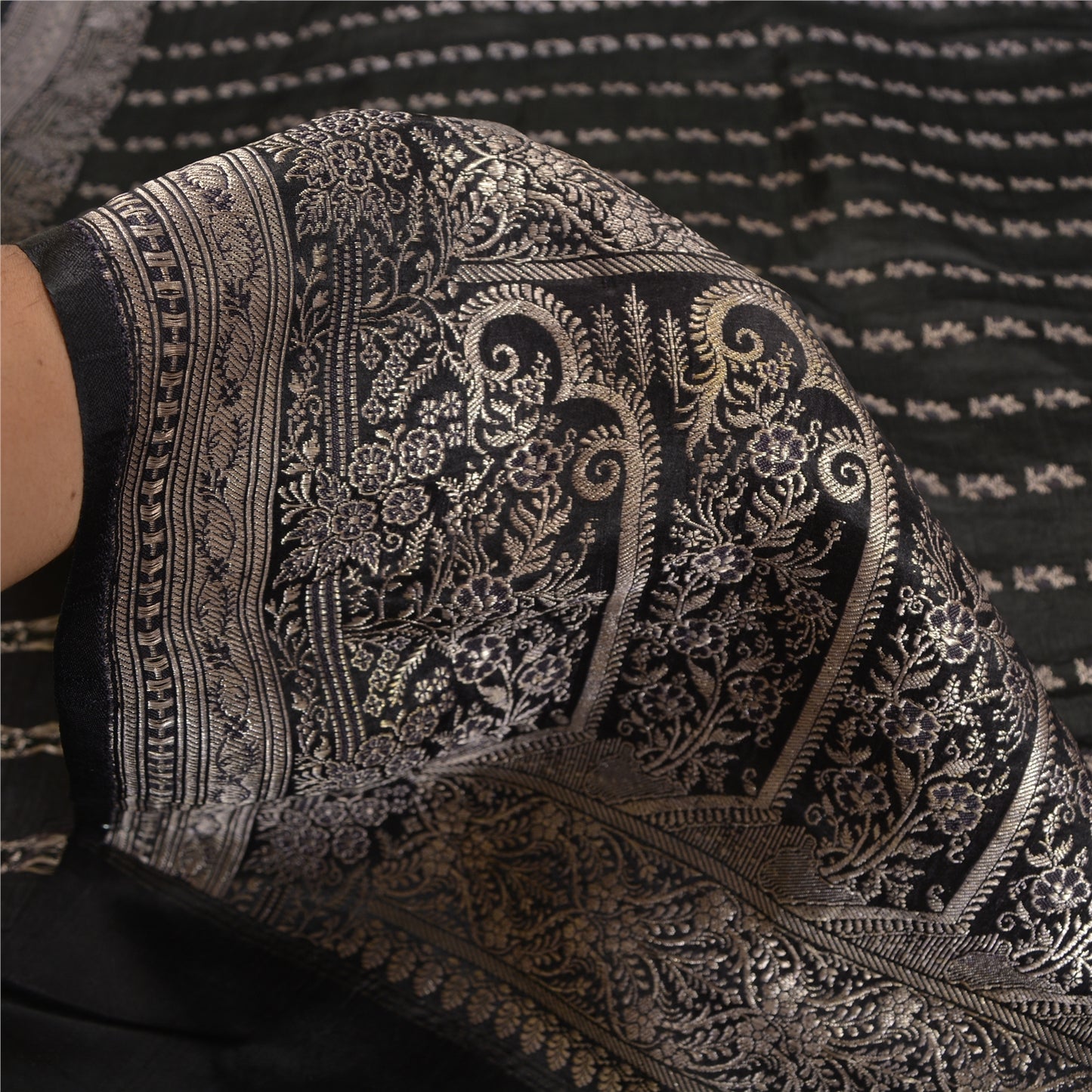 Sanskriti Vintage Black Sarees Pure Satin Woven Brocade/Banarasi Sari Fabric