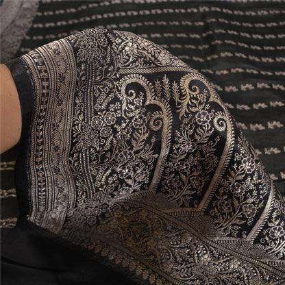 Sanskriti Vintage Black Sarees Pure Satin Woven Brocade/Banarasi Sari Fabric
