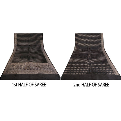 Sanskriti Vintage Black Sarees Pure Satin Woven Brocade/Banarasi Sari Fabric