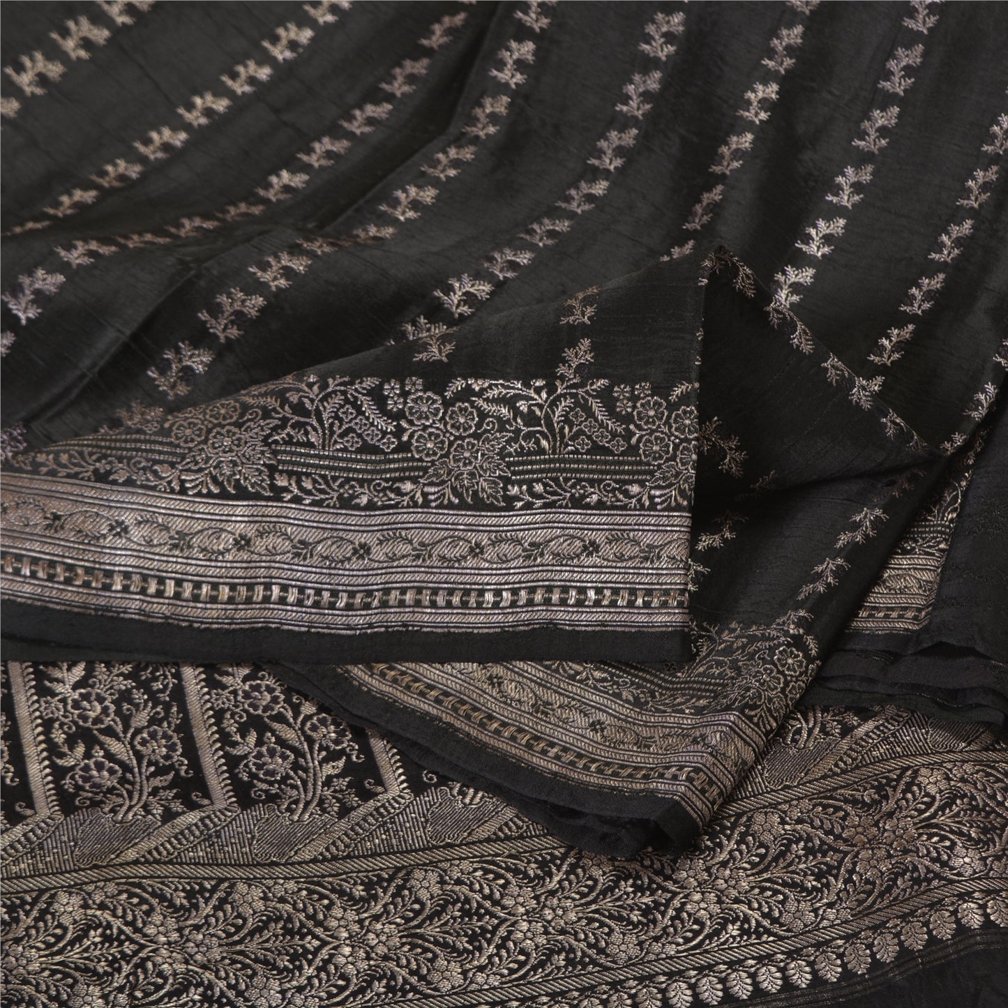 Sanskriti Vintage Black Sarees Pure Satin Woven Brocade/Banarasi Sari Fabric