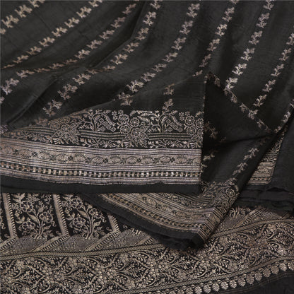 Sanskriti Vintage Black Sarees Pure Satin Woven Brocade/Banarasi Sari Fabric