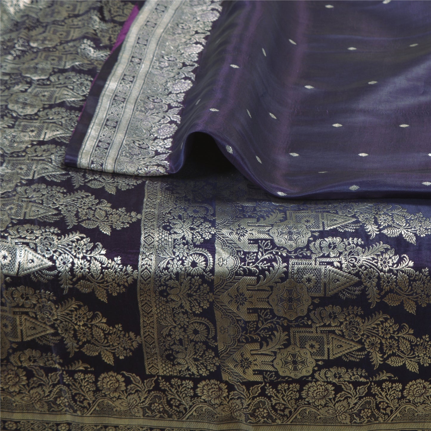 Sanskriti Vintage Purple Sarees Pure Satin Woven Brocade/Banarasi Sari Fabric