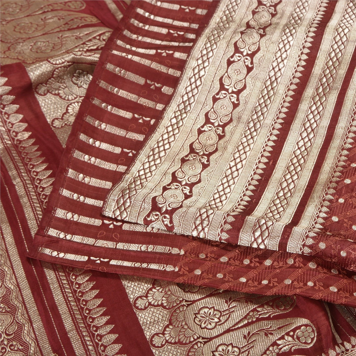 Sanskriti Vintage Dark Red Sarees Pure Satin Woven Brocade/Banarasi Sari Fabric